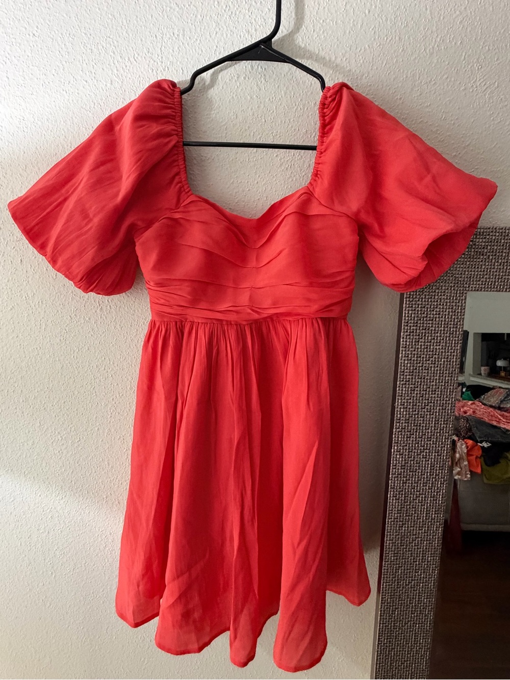 Entro Coral Puff Sleeve Fit-and-Flare Dress